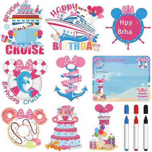 RiVolTa Birthday Cruise Door Decorations - 9 Pcs Mouse Magnet Stateroom Pink Cute Magnetic Large Ship Cabin Anchor Stickers for Girl Refrigerator Car Accessories Carnival Decals Party Decor with Pens - color: Girl Birthday