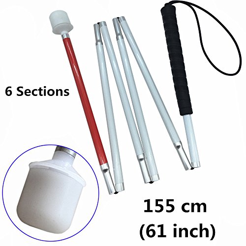 Aluminum Mobility Folding White Cane for Vision Impaired and Blind People (Folds Down 6 Sections) (155cm (61inch), Black Handle) - color: Black Handle, size: 61 Inch (Pack of 1)
