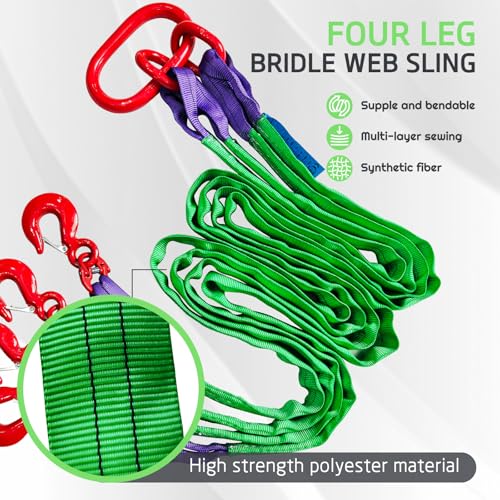Four Leg Bridle Web Sling 7ft 6600lbs Lifting Slings with G80 Alloy Steel Grab Hooks Light Weight and Flexible Capacity Lifting Straps for Hoist Safe Towing and Handling of Cargo - size: 6600 lb / 7 ft