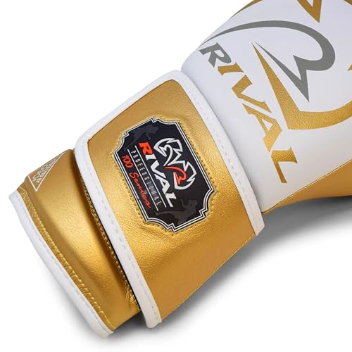 RIVAL Boxing RB100 Professional Bag Gloves, 6mm of D30 Padding, Handcrafted Microfiber, Innovative Wrist Lock 3 System - color: White/Gold, size: X-Large