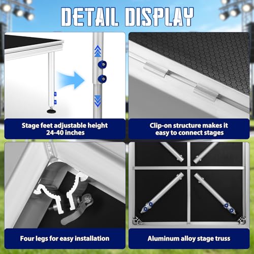 4x4ft Portable Stage Platform, 1900LBS Load Heavy Duty Aluminum Stage Riser | Adjustable Height 24"-41", Folding Modular Stage Deck, Anti-Slip Surface for Concerts, Weddings, DJ, Events, Commercial Use - size: 1pc