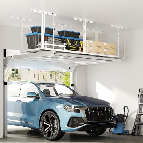 FLEXIMOUNTS 3x8 Overhead Garage Ceiling Storage Rack, Adjustable Garage Organization System, Heavy Duty Metal, 750lbs Weight Capacity, White, Classic Series - color: White, size: 3x8 ft