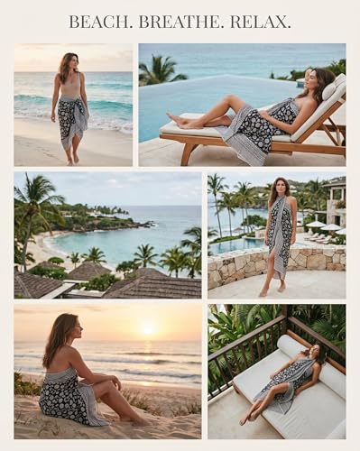 Beach Cover Ups for Women, Cotton Sarong Wrap Pareo | 100% Cotton Sarong Wraps For Women, 73 x 44 In. Pareo Beach Wrap, Bikini Cover Up, Bathing Suit Cover Up, Resort Wear - color: Thamar Black 15