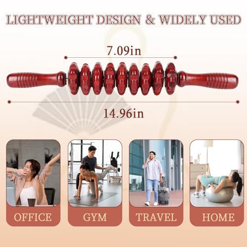 Liitrton Manual Wooden Massage Roller Stick for Legs, Body Roller, Red | Wood Therapy Massage Tools for Trigger Points Relief, Sore Muscle Recovery - color: Red Straight-9-wheel