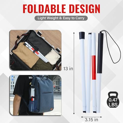 Foldable White Cane(Blind Cane) with Red Reflective Strip, 49 Inch Lightweight Walking Stick for Vision Impaired, Anti-Slip Handle for Daily & Travel Use