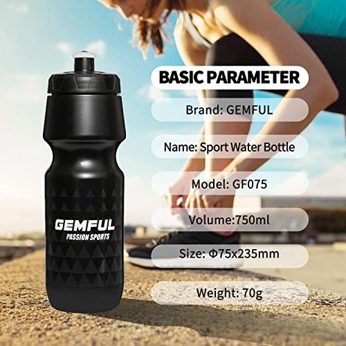 GEMFUL Bike Water Bottle BPA Free 750 ml 2 Pack | BPA Free, Leakproof, Squeeze Design For Easy Hydration, Fits Standard Bike Cages, Reusable & Durable, for Bicycle, Bike, MTB - color: Black