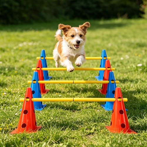 TNZMART Dog Agility Jumps Hurdles and Weave Poles Training Equipment Set Adjustable Dog Cones Obstacle Course for Backyard Portable Canine Exercise Kit with Carry Bag (Mix 4, 13 in) - size: 13 in