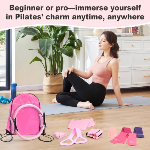 Pilates Kit-14PCS Pilates Equipment Set | home pilates kit includes pilates ring and ball, resistance bands, ankle weights and socks, for strength and flexibility - color: pink