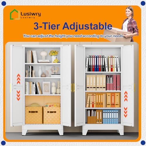 Metal Storage Cabinet with 2 Doors and 3 Adjustable Shelves - 61" Steel File Cabinet,Tool Cabinets for Office,Home,Garage,Gym,School,Bathroom,Kitchen(White) - color: White, size: 61H