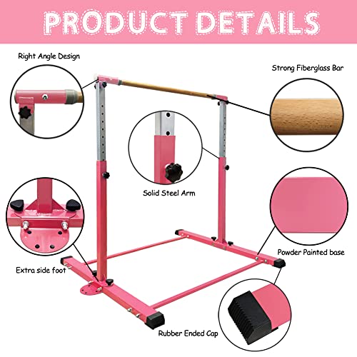 Gymnastics Bar for Kids Girls Ages 3-15 with Ring for Home Indoor Training Equipment- Steady Steel Construction, Anti-Slip, Easy to Assemble, 3' to 5' Adjustable Height - color: PINK, size: 4.8FT, style: WITH RING