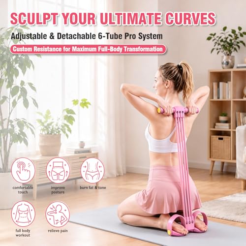 Multifunction Foot Pedal Resistance Bands with Handles, 6-Tube Adjustable Elastic Yoga Exercise Bands, Home Gym Fitness Equipment for Abdomen, Core, Waist, Arm, Leg Stretching - color: Pink