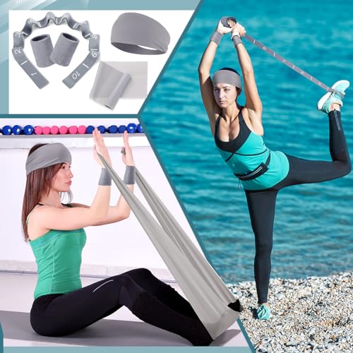 Poen 18 Pcs Home Pilates Kit for Women Pilates Ball and Ring Circle Set Yoga Fitness Essential with 5 Resistance Band Stretching Strap Non Slip Sock Ball Core Slider Wristband Headband Gym Bag - color: Gray