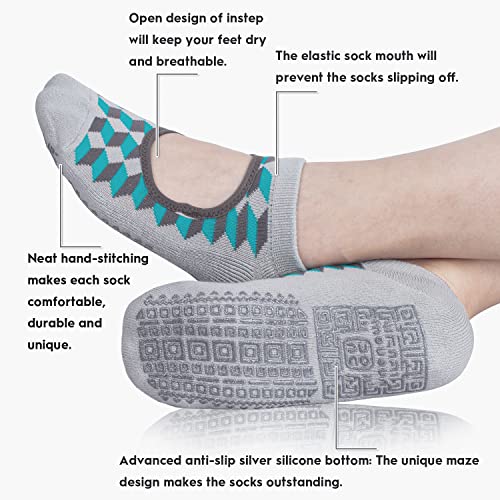unenow Non Slip Grip Yoga Socks for Women with Cushion for Pilates, Barre, Home - color: 4 Pairs Grids-green/Blue/Pink/Lake Blue