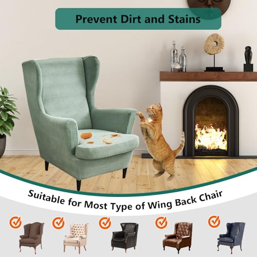 NILUOH Wingback Chair Slipcover 2 Pieces, Stretch Spandex Wingback Chair Covers Washable Slipcover for Wingback Armchairs Non-Slip Furniture Protector with Elastic Bottom for Living Room - color: Army Green