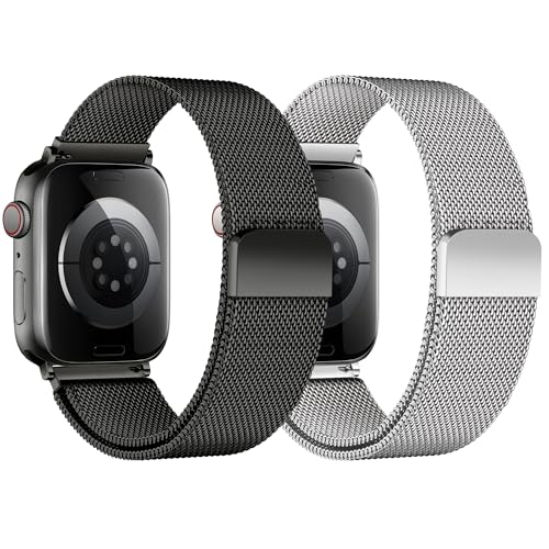 Stainless Steel Milanese Loop Compatible with Apple Watch Bands 49mm 46mm 45mm 44mm 42mm 38/40/41mm Men Women；Mesh Loop Magnetic Clasp Strap for iWatch Bands Ultra 3 2 1 Series 11 10 9 8 7 SE 6 5 4 - color: Black+Silver, size: 42mm(Series 3)/44mm/45mm/46m