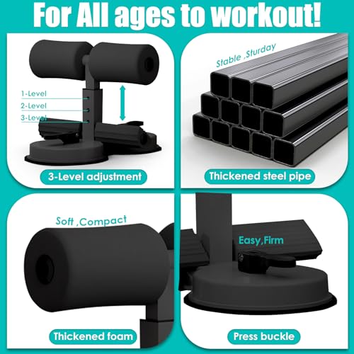 Sit Up Bar Foot Holder,Portable Sit Up Floor Holder, Sit Up Exercise Equipment,3 Level Adjustable, with 2 Strong Suction Cup and Elastic Pull Rope，for Abs Workout Aids,Feet and Leg Strength Training, Home or Office Use - color: Black