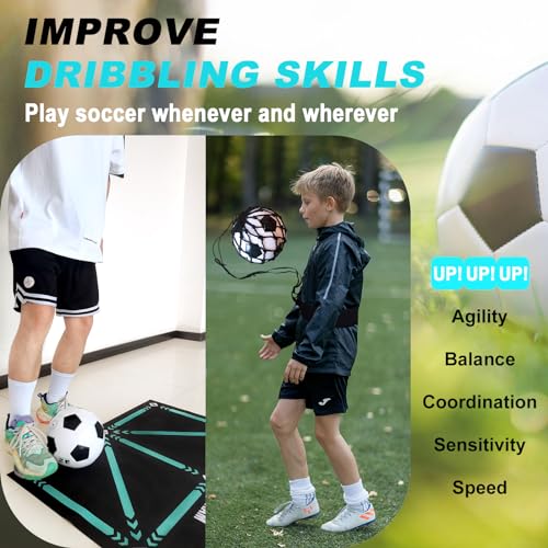 Football Footstep Training Mat, Soccer Training Mat 35 * 24IN, Soccer Skills Training Equipment with Storage Bag and Soccer Return Trainer Net - color: Black-Blue
