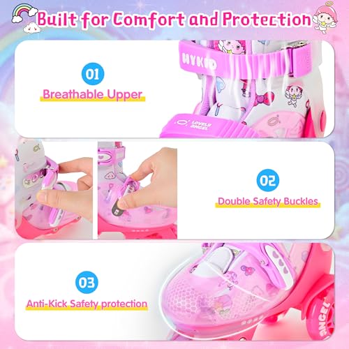 HYKID Toddler Roller Skates, 4 Adjustable Sizes, Fun Illuminating, Safety Three-Point Type, Breathable Upper, Beginners' Roller Skates for Girls Boys Kids - color: Lovely Angel, size: Little Kid (11C-1Y)