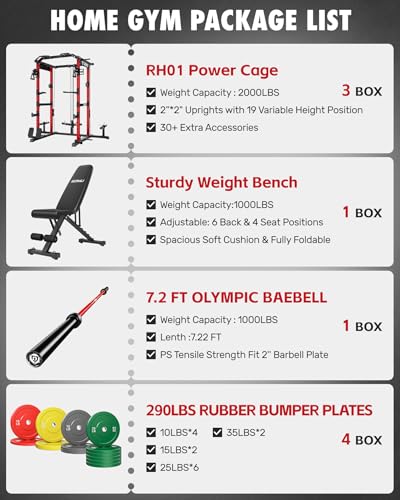 RH01 Power Cage Rack, 2000LBS Squat Rack with with Cable Crossover System&LAT Pull Down System, Multi-Function Workout Cage for Home&Garage Gym - color: Red, size: RH01 Power Cage with 290LB C Weights