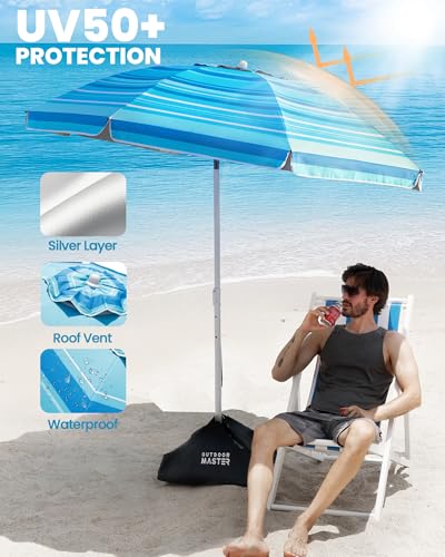 OutdoorMaster 7.2ft Beach Umbrellas for Sand with Sandbag & Anchor | 7.2ft Adjustable Umbrella for Beach, Wind Resistant, Portable UPF50+ Sunshade with Carry Bag for Patio - color: Light Blue Striped