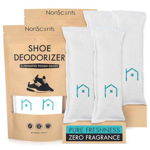 NonScents Shoe Deodorizer 2-Pack (4 Count) - Odor Eliminator, Air Freshener, Smell Absorber, Scent Remover for Shoes, Gym Bags, Soccer Cleats, Closets, Pet Area, Reusable - Shoe Deodorant - size: 1 Count (Pack of 4)