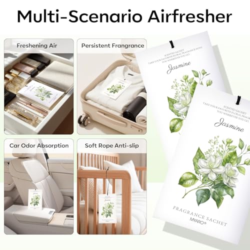 MYARO 12 Pack Jasmine Scented Sachets for Drawer, Closet & Small Spaces Air Freshener Bags, Odor Eliminator for Car, Shoes, Bathroom Home Fragrance Gift Set - color: Jasmine