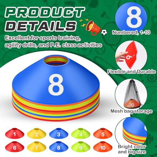 10 Pcs Numbered Sports Disc Cones 1-10 Soccer Cones with Mesh Carry Bag Flexible Agility Cones Soft Field Cones for Gym PE Classes School Activities Games, Sports Training Equipment - color: Multicolor
