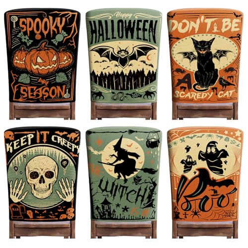 Moukeren 6 Pcs Halloween Chair Cover Set Gothic Halloween Decor Stretch Dining Chair Back Covers Witch Skeleton Pumpkin Black Cat Bat Seat Covers Farmhouse Dining Seat Protector for Home Kitchen Decor - style: Terrifying