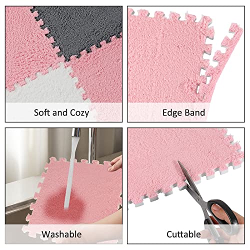 Amylove 72 Pieces Plush Foam Floor Mat Square Interlocking Carpet Tiles with Border 12 x 12 x 0.4 in Fluffy Play Mat Floor Tiles Soft Climbing Area Rugs for Home Playroom(White, Gray, Pink) - color: White, Gray, Pink