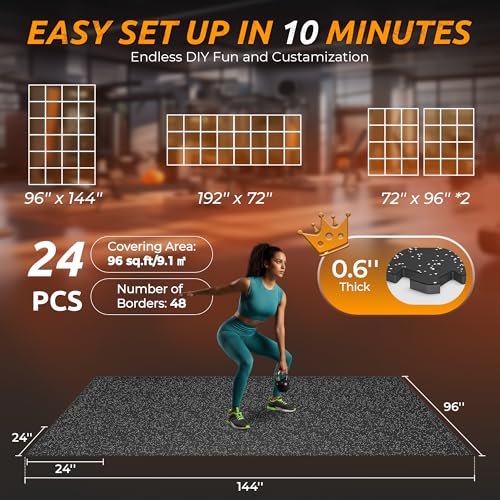 PRAISUN 0.6" Thicker Rubber Top Gym Flooring for Home Gym, 24 Pcs 96 Sq Ft Workout Mats, Exercise Mat, Interlocking Rubber Floor Mats with High Density EVA Foam for Garage, 24 x 24in, Black/Grey - size: 24 Tiles (96 Sq Ft)
