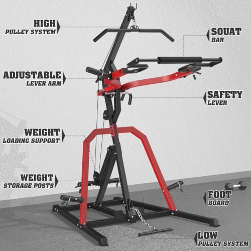 DONOW Leverage Gym Home Gym System Workout Station with LAT Pulldown | Upgraded Weight Plate Holder No Slide Off, Multi Function Squat Rack and Pulley System, US Team Service, 6 US Warehouses - color: Red