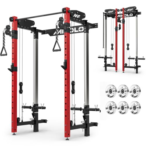 Mikolo Folding Squat Rack, Wall Mounted Power Rack with Cable Crossover Machine & LAT Pull Down, Functional Trainer with 5 Adjustable Function Modes, Home Gym Package - color: Red, size: WR00 Ultra (Alum Pulleys)