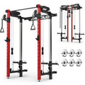 Mikolo Folding Squat Rack, Wall Mounted Power Rack with Cable Crossover Machine & LAT Pull Down, Functional Trainer with 5 Adjustable Function Modes, Home Gym Package - color: Red, size: WR00 Ultra (Alum Pulleys)
