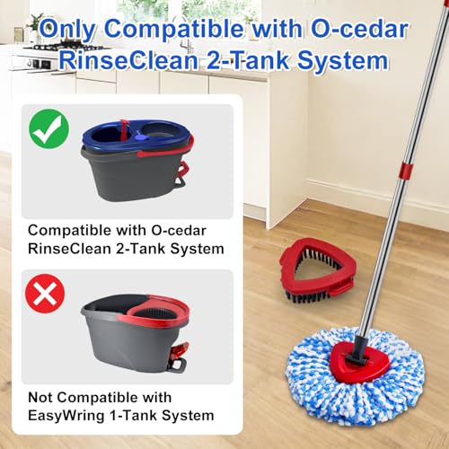 Spin Mop Handle Mop Heads and Base Replacement Sets Compatible with O Cedar EasyWring Rinseclean 2 Tank System, Flexible & Reusable(1 Sets Stainless Steel Handle & 2 Refills & 1 Base & 1 Scrub Brush) - color: 1 Sets Stainless Steel Mop Handle + 2 Blue Hea