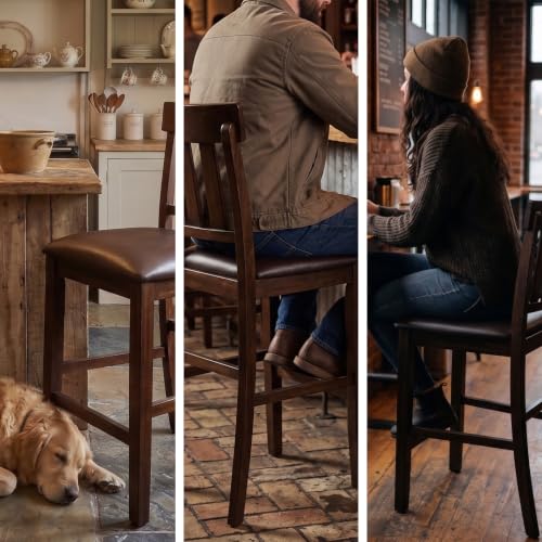 Signature Design by Ashley Haddigan Upholstered Barstool, 2 Count, Slat Back Design, Cushioned Seat, Wood, 25.5" H, Dark Brown | Easy-clean faux leather cushioned seat, Casual farmhouse wood slat back design, 25.6-inch seat height for kitchen islands - co