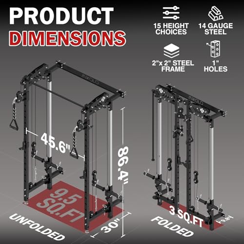 Mikolo Folding Squat Rack, Wall Mounted Power Rack with Cable Crossover Machine & LAT Pull Down, Functional Trainer with 5 Adjustable Function Modes, Home Gym Package - color: Black, size: WR00 SlimFold (Rack Only)
