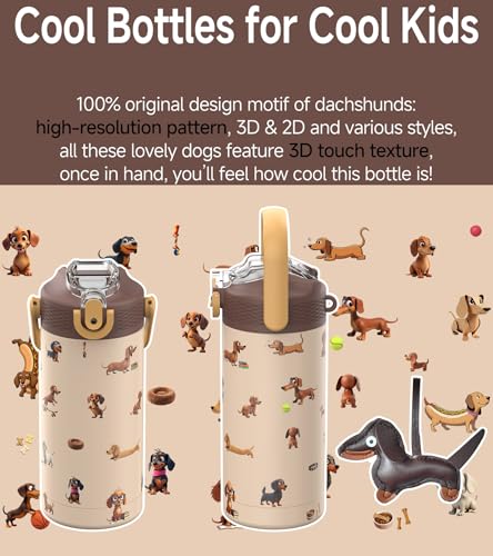 MYFOREST 14oz/400ml Insulated Kids Water Bottle, Odor-free Liner, 3D Touch | No Plastic Taste, Surgical Steel - No Chemical Leaching, Name Spot, Soft Sipper, Gift for Dog Person, Beige. Dachshunds - color: Beige. Dachshunds