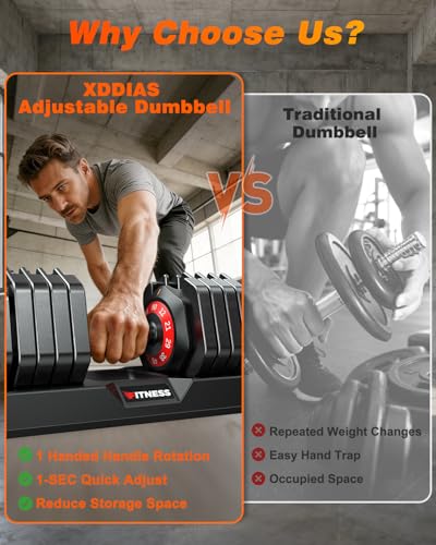 XDDIAS Adjustable Dumbbell Set for Home Gym Workout | 25 to 90 lbs, non-slip knurled grip, compact storage, one-hand adjustable - size: 90LB Pair