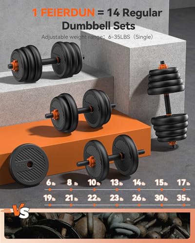 FEIERDUN DS2 Adjustable Dumbbells, 20/30/40/45/70/90lbs Free Weight Set with Connector, 5 in1 Dumbbells Set Used as Barbell, Kettlebells, Push up Stand, Weight Plate, Fitness Exercises for Home Gym Suitable Men/Women - style: E.70LB(35LB Pair)