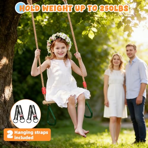 Trapeze Swing Bar for Kids, Wooden Swing Set Hanging Bar with Plastic Gym Rings, 2 Buckle Straps for Ninja Warrior Obstacle Course Trapeze Bar for Swing Set, Indoor & Outdoor Trapeze (Green) - color: Green
