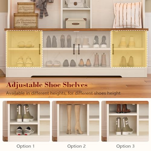 CSZZD Hall Tree with Bench and Shoe Storage, Farmhouse Entryway Bench with Coat Racks and Led Lights, Large Hall Tree with 12 Coat Hooks, 8 Storage Cubbies, Adjustable Shelf - color: Antique White, size: 59.1"
