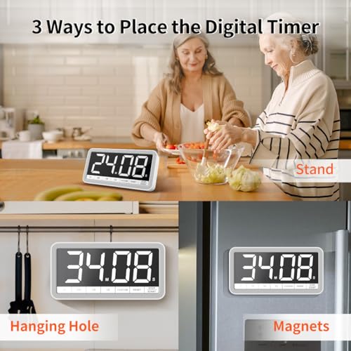 VOCOO Digital Kitchen Timer with 7.8” Extra Large Display, Magnetic, LED with 3 Brightness, 4 Alarms and 3 Volume Levels, Battery Countdown Count Up Timer for Cooking, Classroom, Home Gym (White) - color: White
