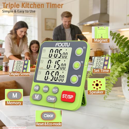Digital Dual Triple Kitchen Timer, 3-Channel Magnetic Countdown Timer for Cooking, Large Display Stopwatch Multi Food Classroom Timer Loud Alarm for Seniors Teachers Battery Included (Green) - size: YS318 Green