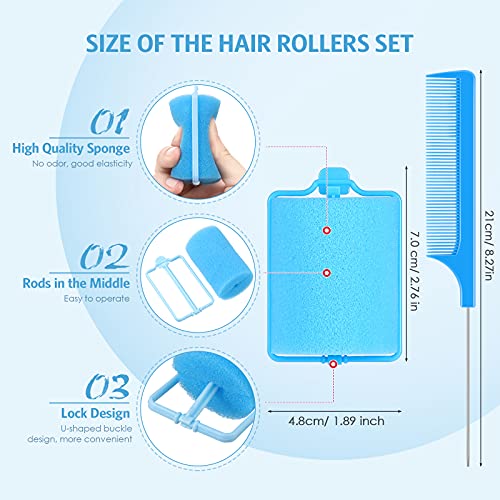 Syhood 12 Pcs Jumbo Foam Sponge Hair Rollers 1.89 Inch Soft Sleeping Curlers Flexible Large Foam Rollers and Rat Tail Comb for Hair Styling(Blue) - color: Blue