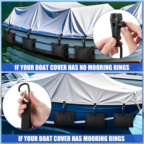 TOBWOLF 8Pack Boat Cover Sand Bags, 600D Windproof Marine-Grade Oxford | Tear-Resistent Sandbag Mooring Kit, Carabiners & Tarp Clips to Keep Boat Cover On, for Boat Covers, RV Covers & Tarp Weights - color: 8PCS - Black Boat Sandbags