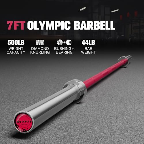 RitFit Elite 7ft Olympic Barbell, Robust 45lb Barbell for Weightlifting and Powerlifting, Superior Olympic Bar with Exceptional 500lbs Load Capacity, Weight Bar for 2” Standard Plates - color: Silver/Pink, size: 7 ft 500 lb 45 lb without Collar