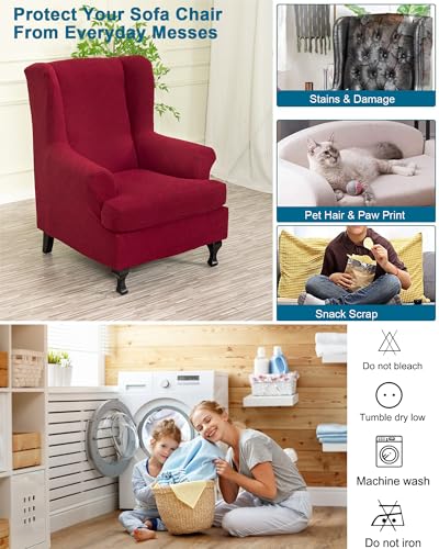 CRFATOP 2 Piece Stretch Wingback Chair Cover Jacquard Wing Chair Slipcovers Spandex Fabric Wingback Armchair Covers with Elastic Bottom for Living Room Bedroom Wingback Chair,Burgundy - color: Color C26-burgundy