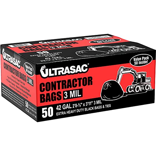 Ultrasac Contractor Bags, 42 Gallon, 32.75" X 47" - 3 MIL Thick Large Black Trashbags for Construction and Commercial use - (1 Pallet of 112 Cases, 5600 Bags Total), 50 Ct. (719963) - size: 1 Count (Pack of 5600)