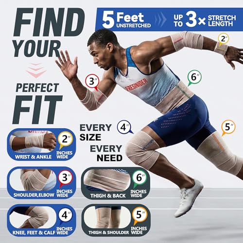 FRESINIDER Premium Elastic Bandage Wrap, 6 Pack 5" Cotton Compression Wrap with Hook & Loop Closure at Both Ends, Knee, Shoulder & Leg Support, 5 ft Long (Stretches up to 15 ft), Sports & First Aid - color: 5" X 6 Pack