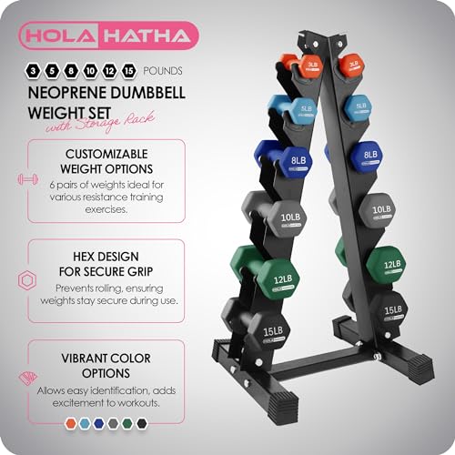 HolaHatha 1, 2 and 3 lb Neoprene Dumbbell Strength Training Weight Set with Rack - color: Blue/Red, size: 106 LB